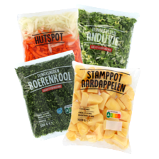 Hutspot, fijngesneden boerenkool,
andijvie (zak à 500 gram)
of stamppotaardappelen (zak à 1000 gram)